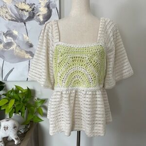 Womens Large White Crochet Kimono Sleeve Boho Cottage Fairy Hippie Tunic Peplum